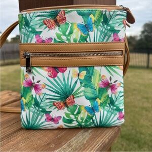 NWOT! Giani Bernini Triple Zip Dasher Crossbody w/ Tropical Leaves  Butterfly